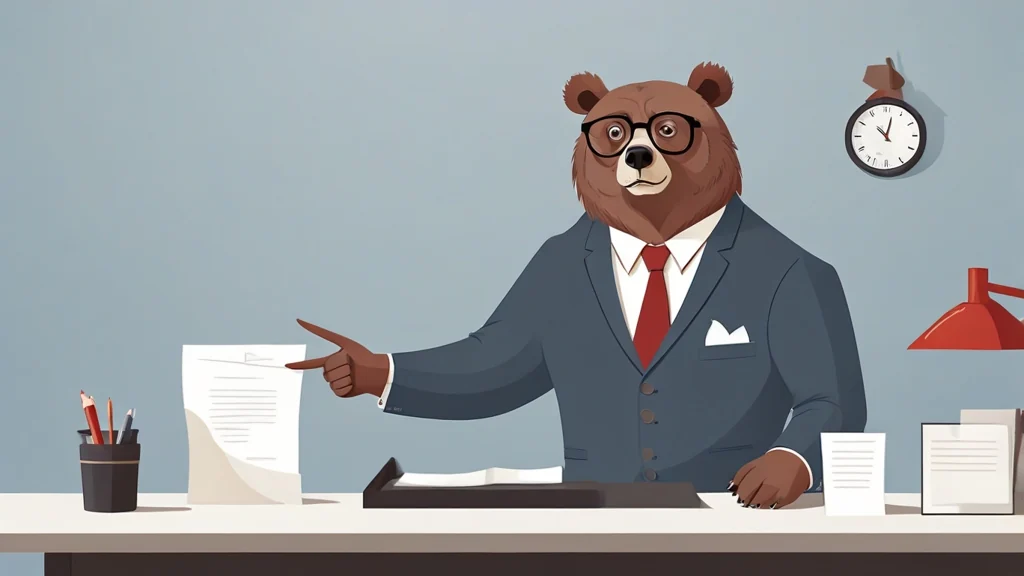 A drawing of the site's bear editor at a counter, pointing at a line on a printed sheet while a clock hangs on the wall behind him
