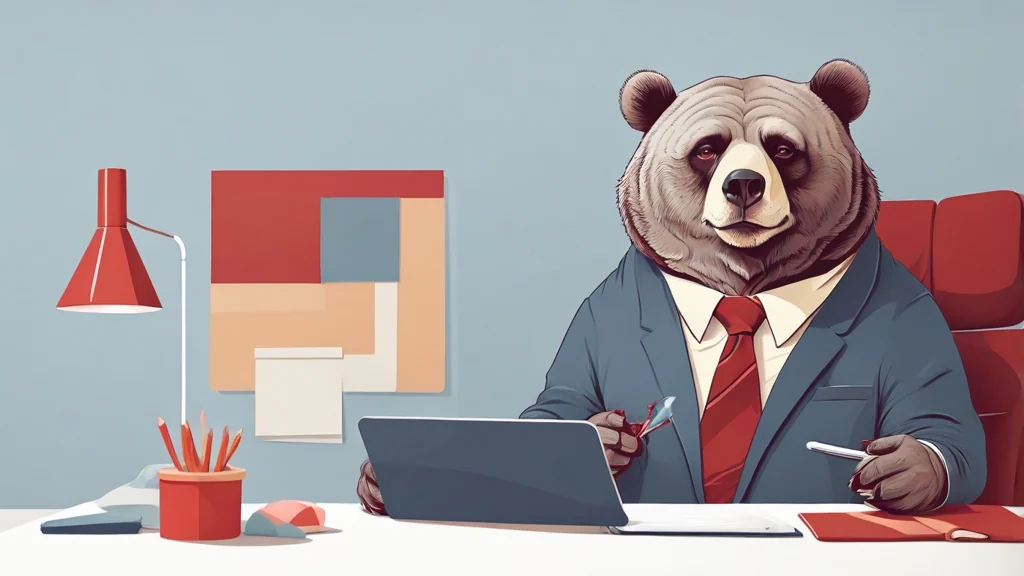A drawing of the site's bear editor at a desk, reading a screen with a notebook and a marked-up page open in front of him
