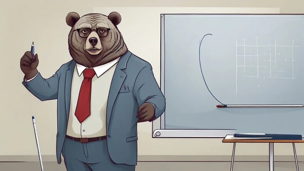 A drawing of the site's bear editor at a whiteboard carrying a square grid, filling cells in with a marker
