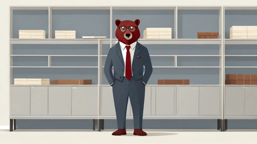 A drawing of the site's bear editor standing beside a long shelving unit whose shelves hold a handful of plain unmarked boxes and a great deal of empty space